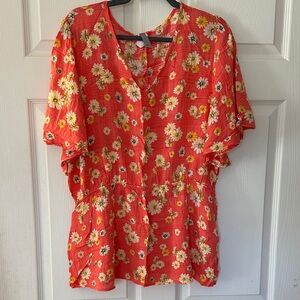 Honeyme Coral Red Daisy-Print V-Neck Peplum Blouse
